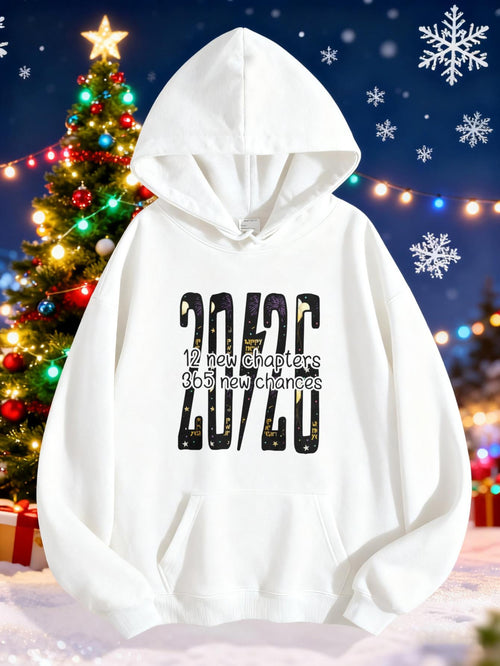 Women's Graphic Hoodie Black Numbers Festive Winter Night Surrounding A White Hoodie