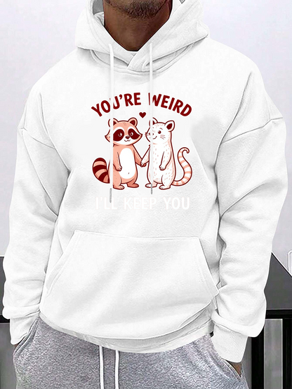 Men's Graphic Hoodie Youre Weird Cartoon Animals With Red Hearts And Smiling Cat