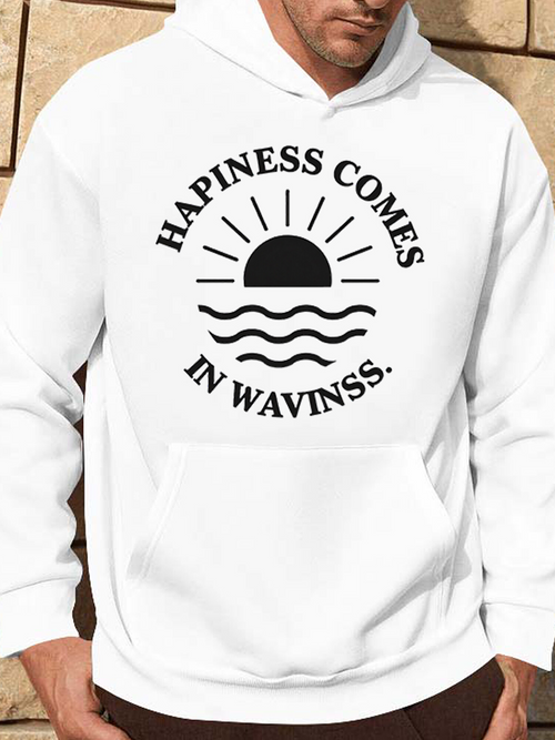 Men's Graphic Hoodie Hapiness Comes In Wavinss Radiant Sunburst Above Ocean Waves With Gentle Lines Sunrise