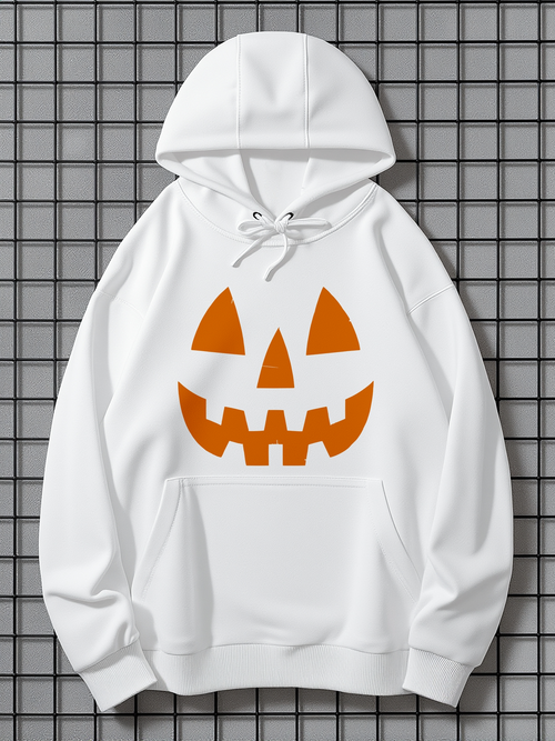 Men's Graphic Hoodie Playful Orange Pumpkin Face On Bright White Hoodie