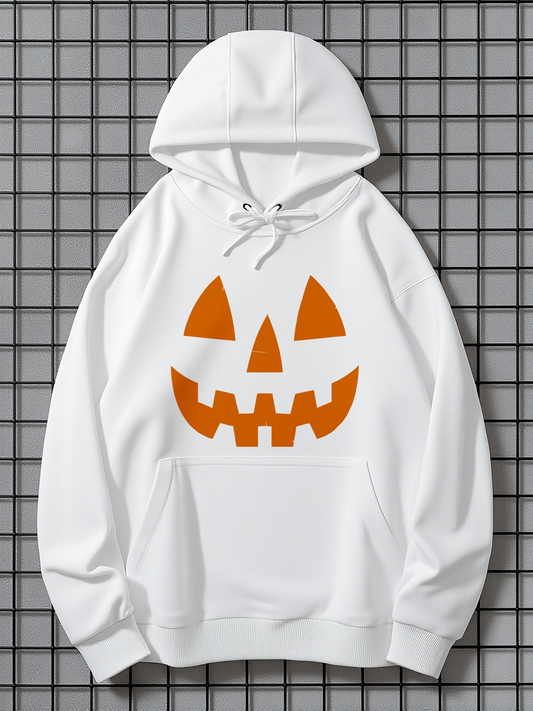 Men's Graphic Hoodie Playful Orange Pumpkin Face On Bright White Hoodie