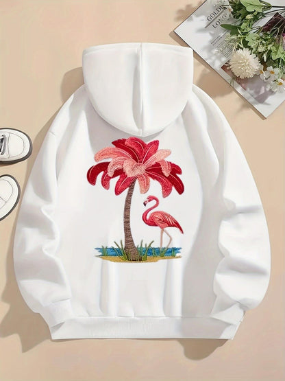 Women's Graphic Hoodie Tropical Pink Flamingo With Palms Standing Beside Calm Water Flamingo