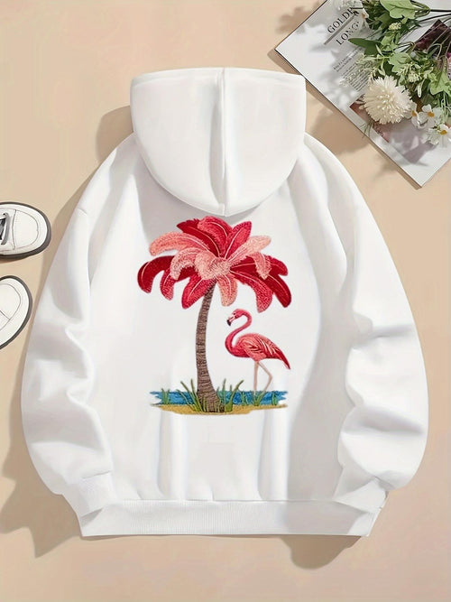 Women's Graphic Hoodie Tropical Pink Flamingo With Palms Standing Beside Calm Water Flamingo
