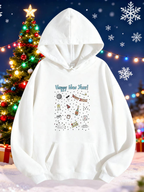 Women's Graphic Hoodie Happy New Year Cute Illustrations With Gifts And Celebration Motifs Hoodie