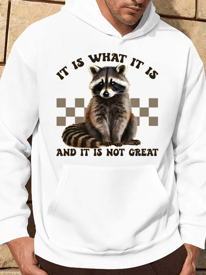 Men's Graphic Hoodie It Is What It Is With Checkerboard Pattern Featuring A Sitting Raccoon