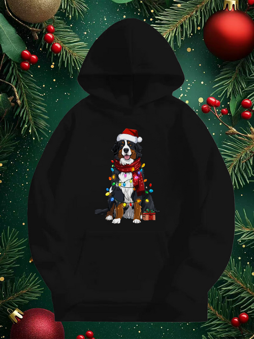 Men's Graphic Hoodie Festive Holiday Scene With Gift Boxes Christmas Lights And Santa Hat Dog