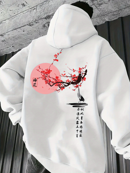 Men's Graphic Hoodie Red Sunlight With Blossoming Branches And Elegant Flowing Ink Painting Tree