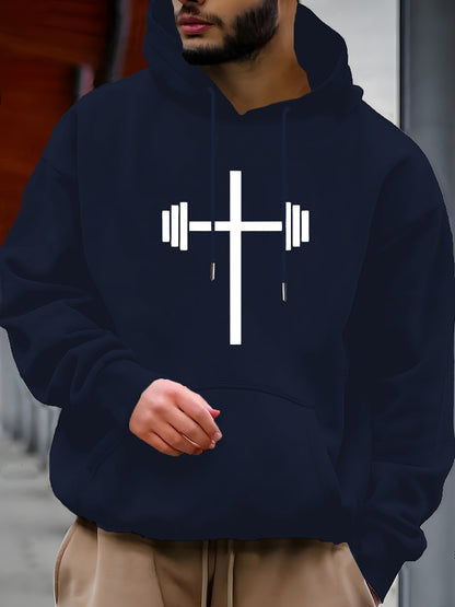 Men's Graphic Hoodie Minimalist Religious Fitness Barbell With Cross Symbol Hoodie