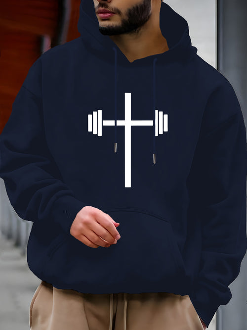 Men's Graphic Hoodie Minimalist Religious Fitness Barbell With Cross Symbol Hoodie