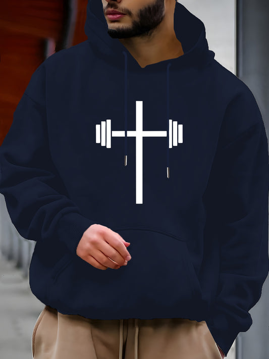 Men's Graphic Hoodie Minimalist Religious Fitness Barbell With Cross Symbol Hoodie
