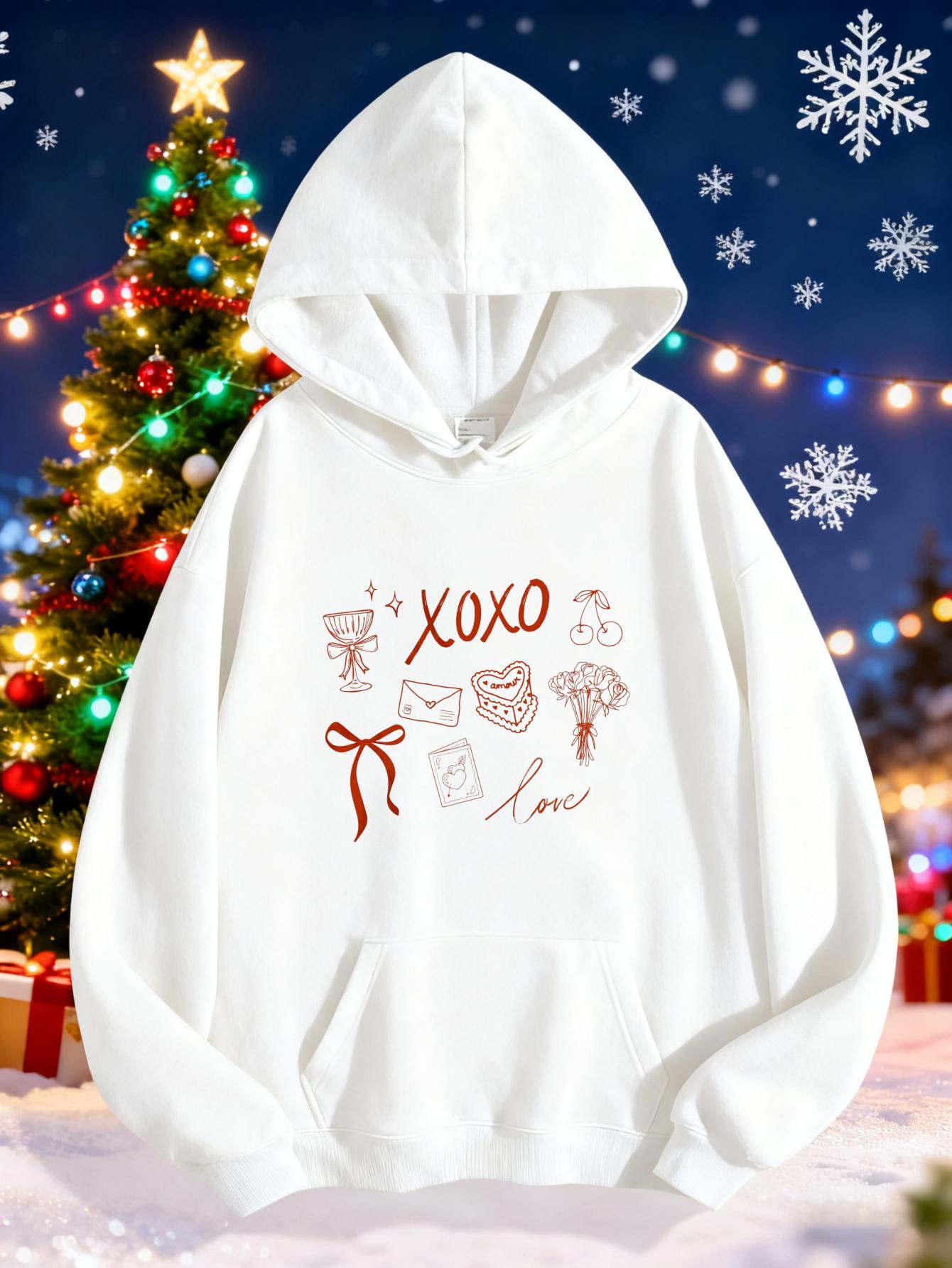 Women's Graphic Hoodie Xoxo Love With Hand Drawn Gifts Ribbons And Holiday Letter