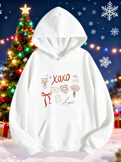 Women's Graphic Hoodie Xoxo Love With Hand Drawn Gifts Ribbons And Holiday Letter