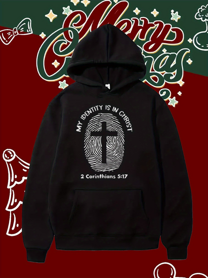 Men's Graphic Hoodie My Identity Is In Christ With Fingerprint Design And Bold Central Cross