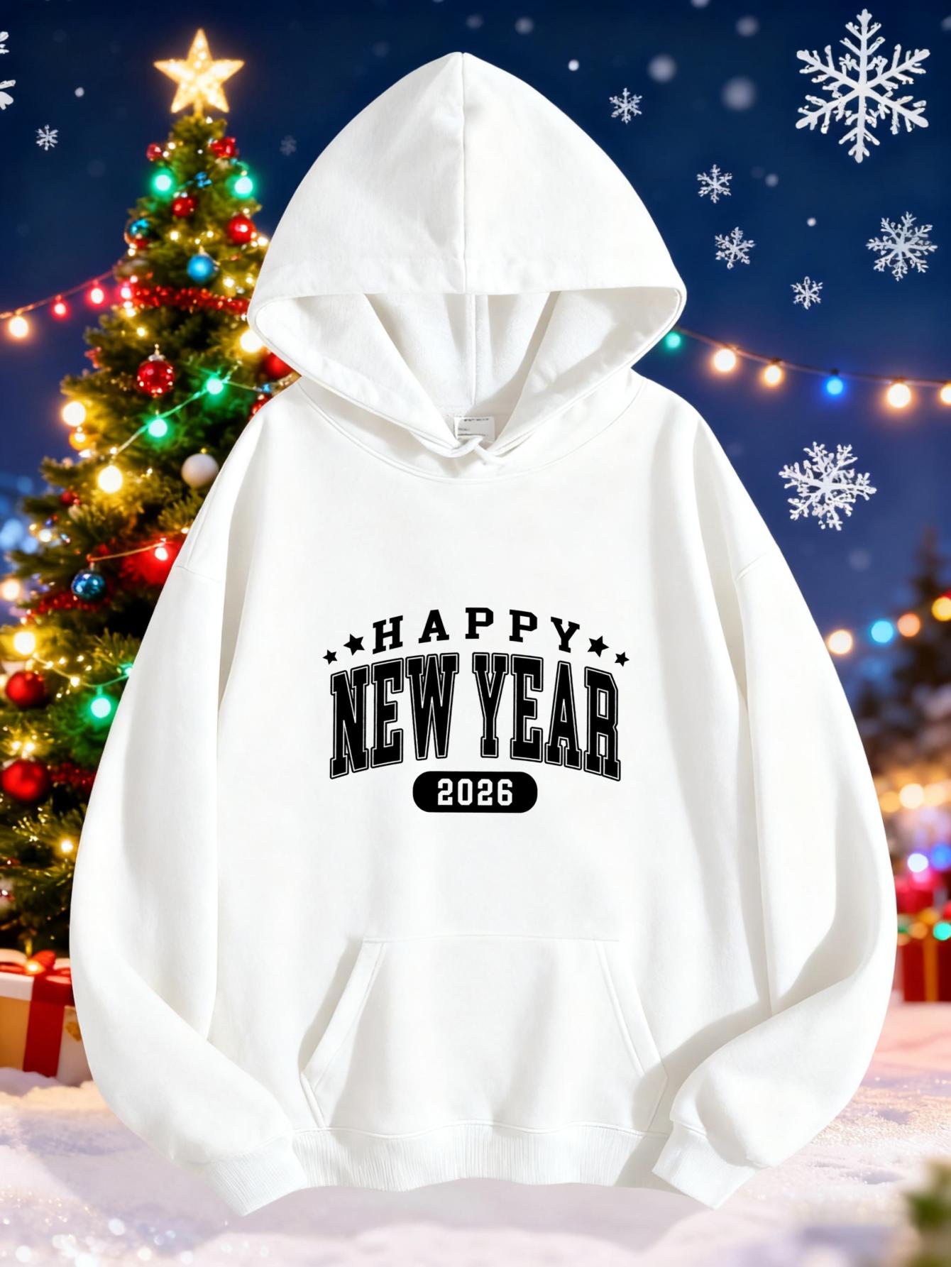 Women's Graphic Hoodie Happy New Year Festive Night With Snowflakes And Christmas Tree Hoodie