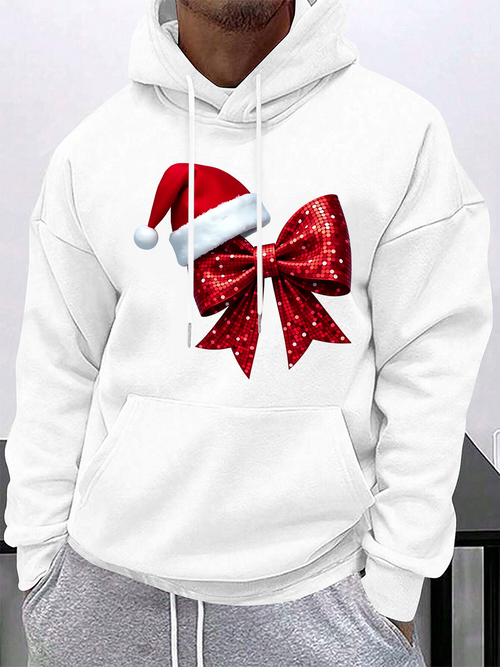 Men's Graphic Hoodie Festive Red Bow And Santa Hat Holiday Motif Hooded Sweatshirt