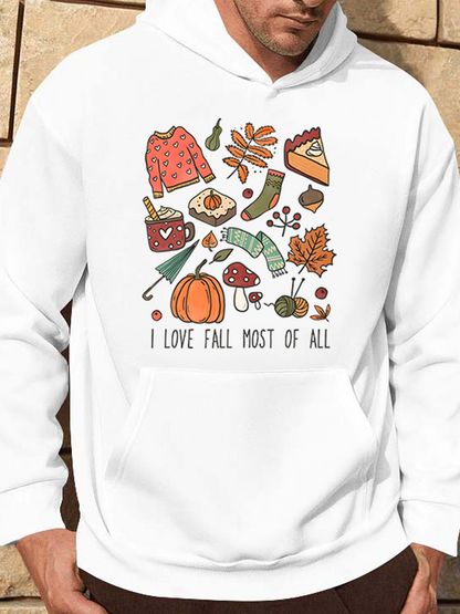 Men's Graphic Hoodie I Love Fall Most Of All Whimsical Autumn Leaves Pumpkins And Cozy Sweater