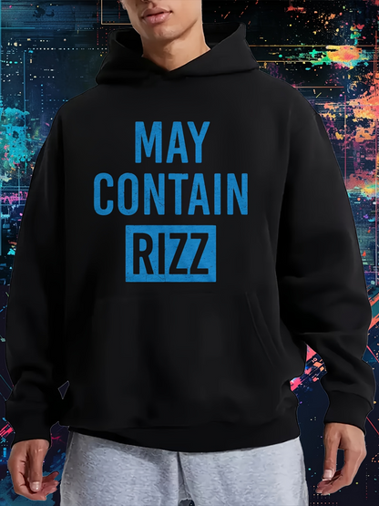 Men's Graphic Hoodie May Contain Rizz Bold Blue Lettering Modern Streetwear Hoodie