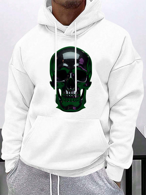 Men's Graphic Hoodie Shimmering Emerald Glow With Chrome Metallic Skull Design