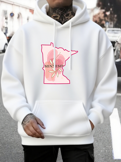 Men's Graphic Hoodie Delicate Pink Flower Overlay Within State Map Minnesota