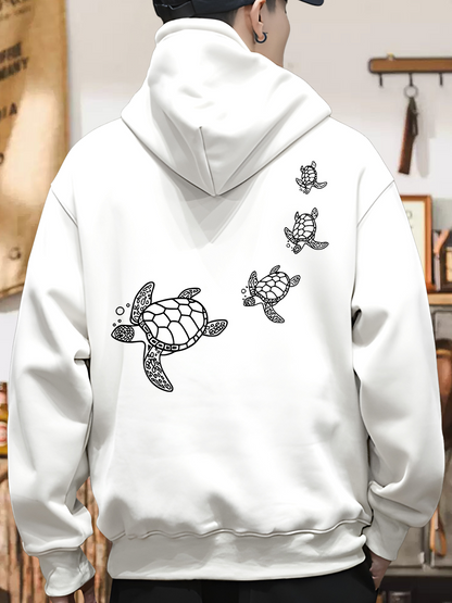 Men's Graphic Hoodie Hand Drawn Playful Sea Turtles Swimming In White Space Turtle