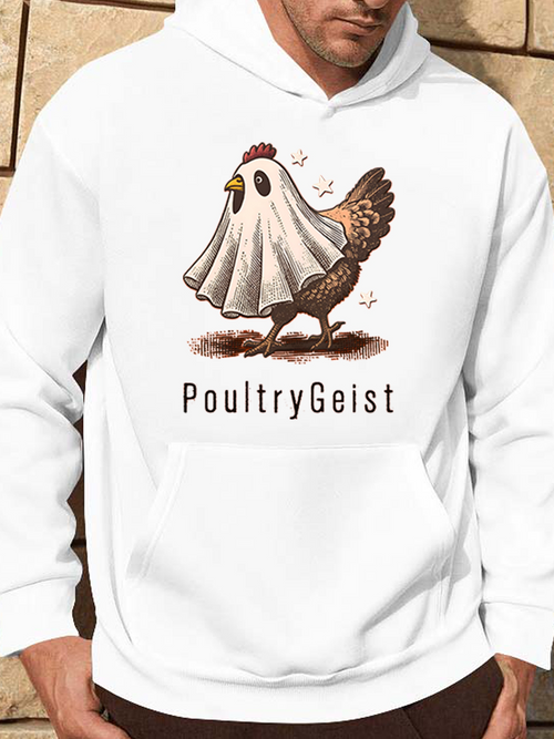 Men's Graphic Hoodie PoultryGeist Chicken Wearing Ghost Costume Under Scattered Stars Walking Ground