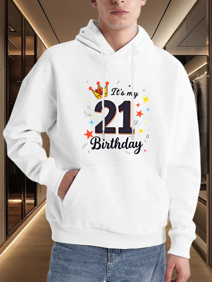 Men's Graphic Hoodie Its My Birthday With Colorful Stars Crown Number Twenty One Hoodie
