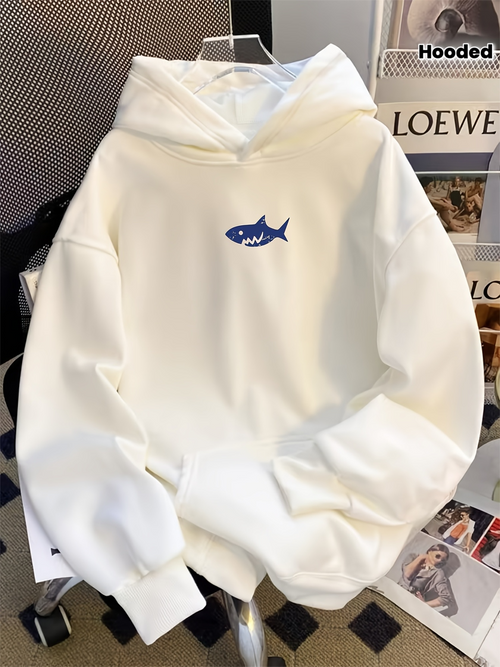 Men's Graphic Hoodie Minimalist Blue Cartoon Graphic On Cozy White Hoodie Shark