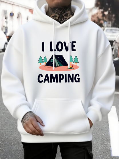 Men's Graphic Hoodie I Love Camping With Forest Trees And Blue Tent Under Open Sky