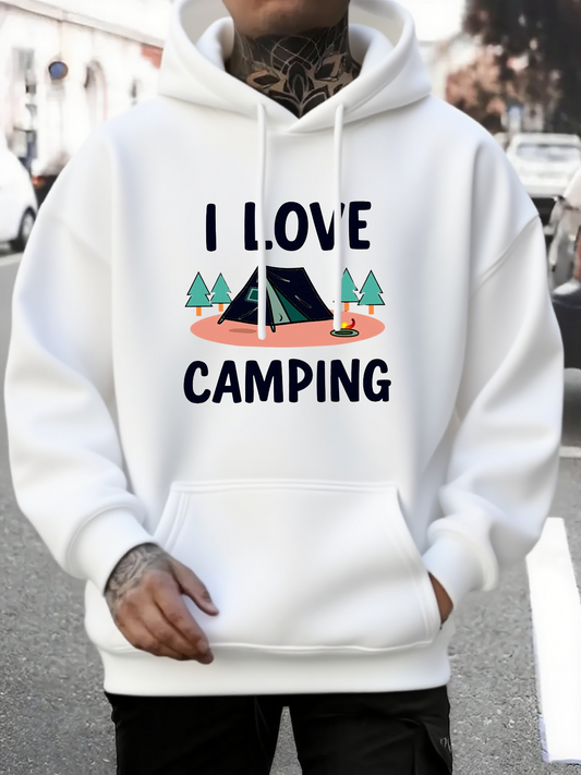 Men's Graphic Hoodie I Love Camping With Forest Trees And Blue Tent Under Open Sky