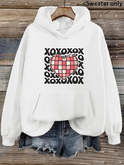 Women's Graphic Hoodie Plaid Heart Surrounded By Repeating Xoxo Letters On White Hoodie