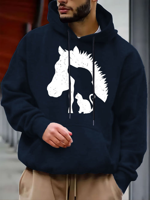 Men's Graphic Hoodie Contrasting Animal Silhouettes Featuring Horse Cat And Dog Heads
