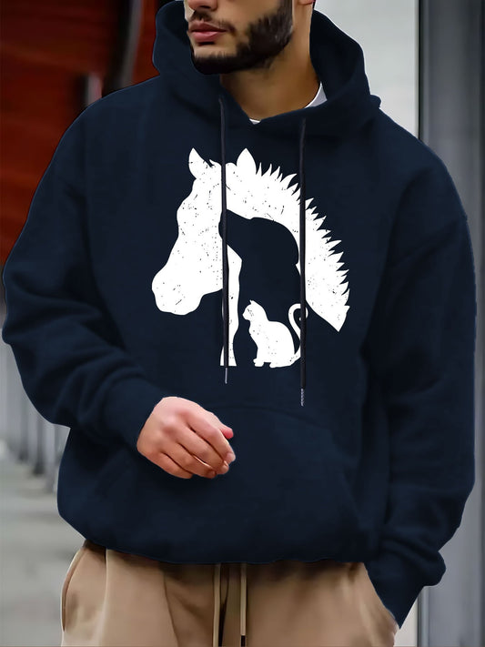 Men's Graphic Hoodie Contrasting Animal Silhouettes Featuring Horse Cat And Dog Heads