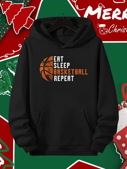 Men's Graphic Hoodie Eat Sleep Basketball Repeat Graphic With Orange Basketball Illustration Hoodie