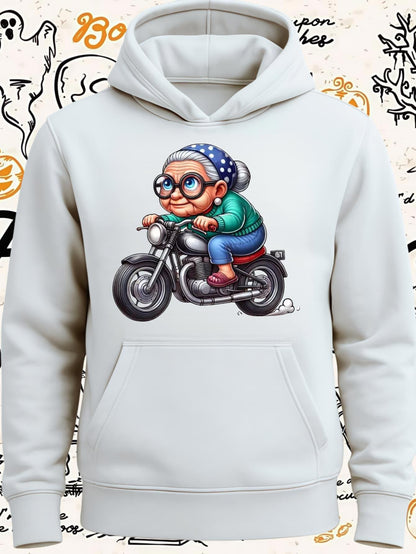 Women's Graphic Hoodie Playful Cartoon Grandmother Riding On Vintage Motorbike