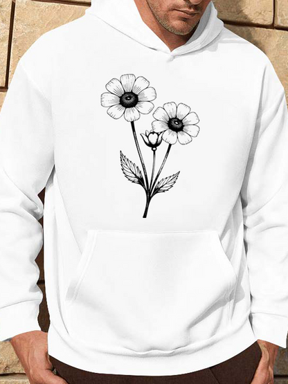 Men's Graphic Hoodie Hand Drawn Floral Stems With Blooming Petals And Detailed Leaves Flower