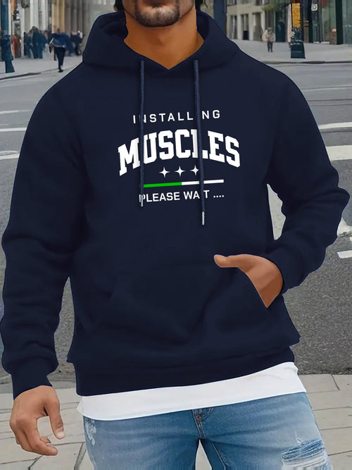 Men's Graphic Hoodie Installing Muscles Please Wait Urban Street Motif On Bold Hoodie