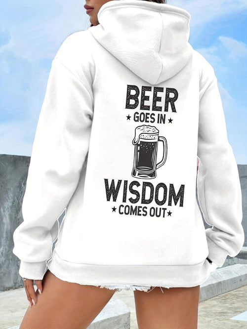 Women's Graphic Hoodie Beer Goes In Wisdom Comes Out With Graphic Mug Surrounded By Summer Sky Hoodie