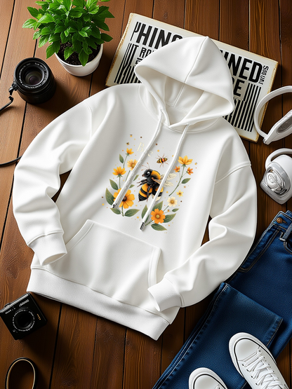 Men's Graphic Hoodie Sunny Floral Meadow With Bees And Yellow Daisies Flowers Hoodie