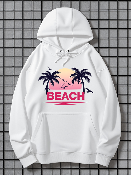 Men's Graphic Hoodie Beach Sunset With Palm Trees Flying Birds And Ocean View Beach