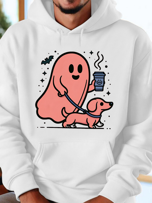 Men's Graphic Hoodie Cartoon Pink Ghost Enjoying Coffee While Walking Happy Dog
