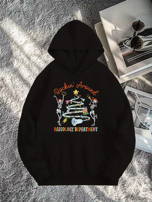 Men's Graphic Hoodie Rockin Around Christmas Lights Skeletons With Medical Instruments Hoodie