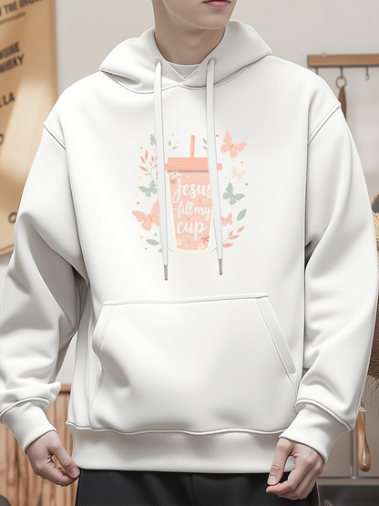 Men's Graphic Hoodie Pastel Leaves And Butterflies Floating Around Boba Cup
