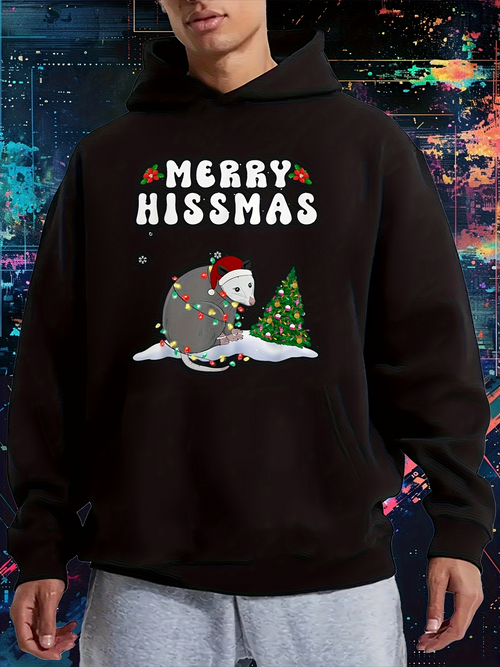 Men's Graphic Hoodie Merry Hissmas With Holiday Lights Snow And Christmas Tree Featuring Snake