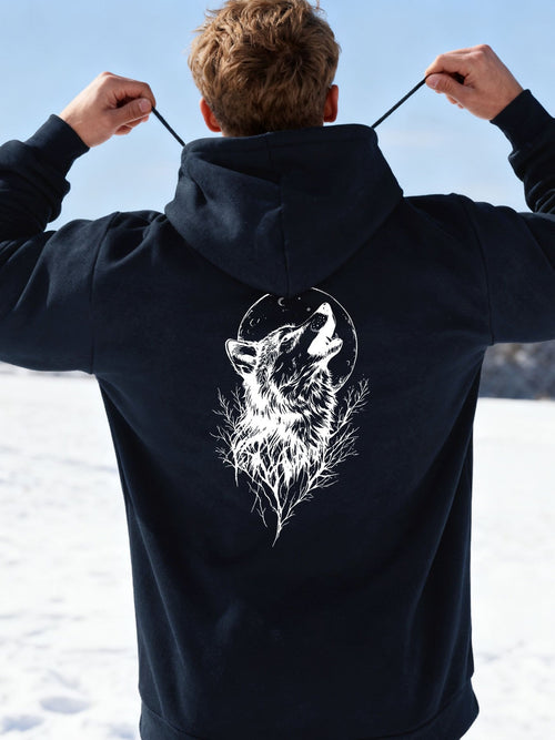 Men's Graphic Hoodie Full Moon Night With Howling Wolf Among Forest Shadows Wolf