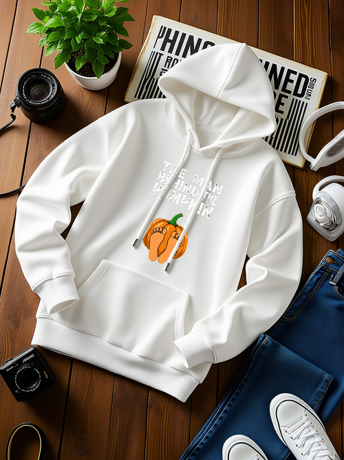 Men's Graphic Hoodie Pumpkin With Autumn Leaves Beneath Sparkling Light Surrounded By Cozy White Hoodie