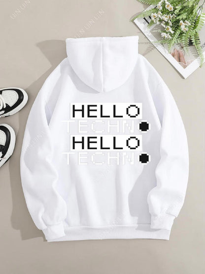 Women's Graphic Hoodie Hello Double Layered Text And Pixel Graphic Hello