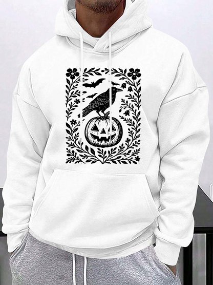 Men's Graphic Hoodie Gothic Foliage Surrounding Raven Perched On Pumpkin Under Autumn Leaves