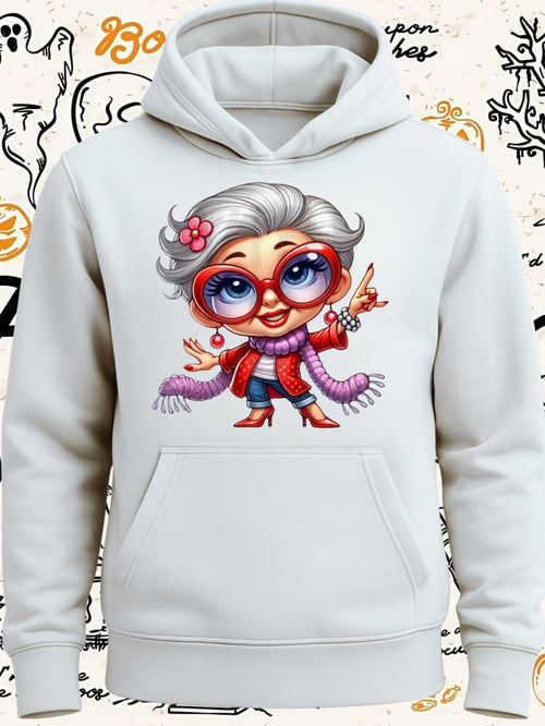 Women's Graphic Hoodie Stylish Elderly Lady With Oversized Glasses Wearing Scarf And Accessories Woman