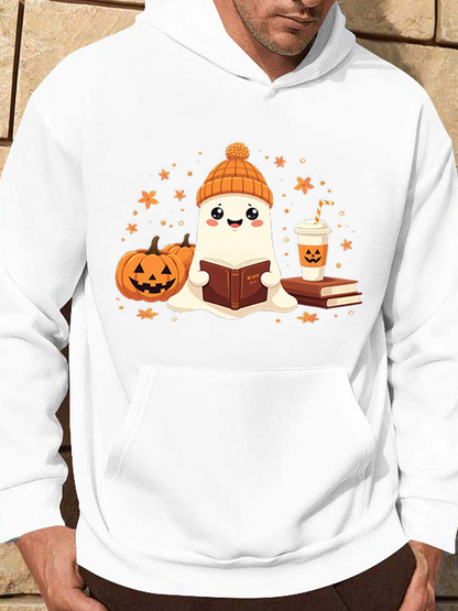 Men's Graphic Hoodie Cozy Autumn Leaves Pumpkin And Book With Cute Ghost