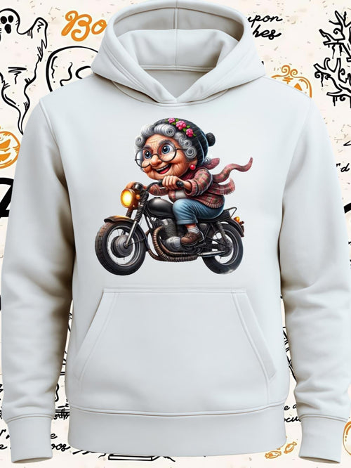 Women's Graphic Hoodie Playful Grandma With Rose Scarf Sitting On Fast Motorcycle